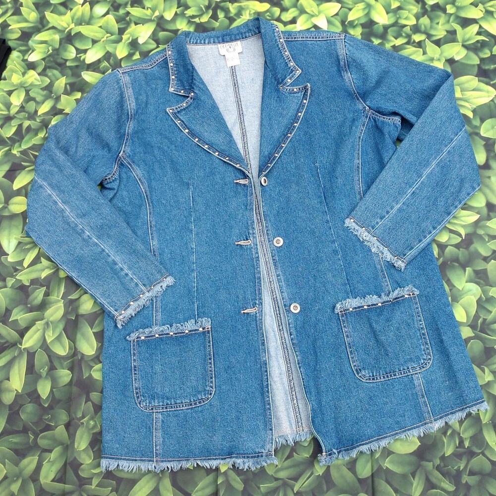 Vintage Cervelle Long Fitted Denim Jacket Jean Blazer Frayed Stud Trim sz Large